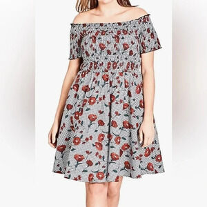 City Chic Poppies on Gingham Smocked Off Shoulder Dress - NWOT - Size 20